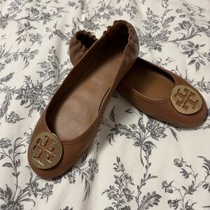 Tory Burch Brown Flats with Gold Emblem